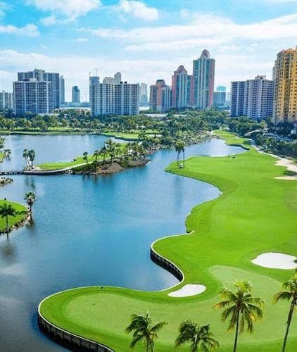 Aerial view of the Aventura golf course and the Intracoastal Waterway.
