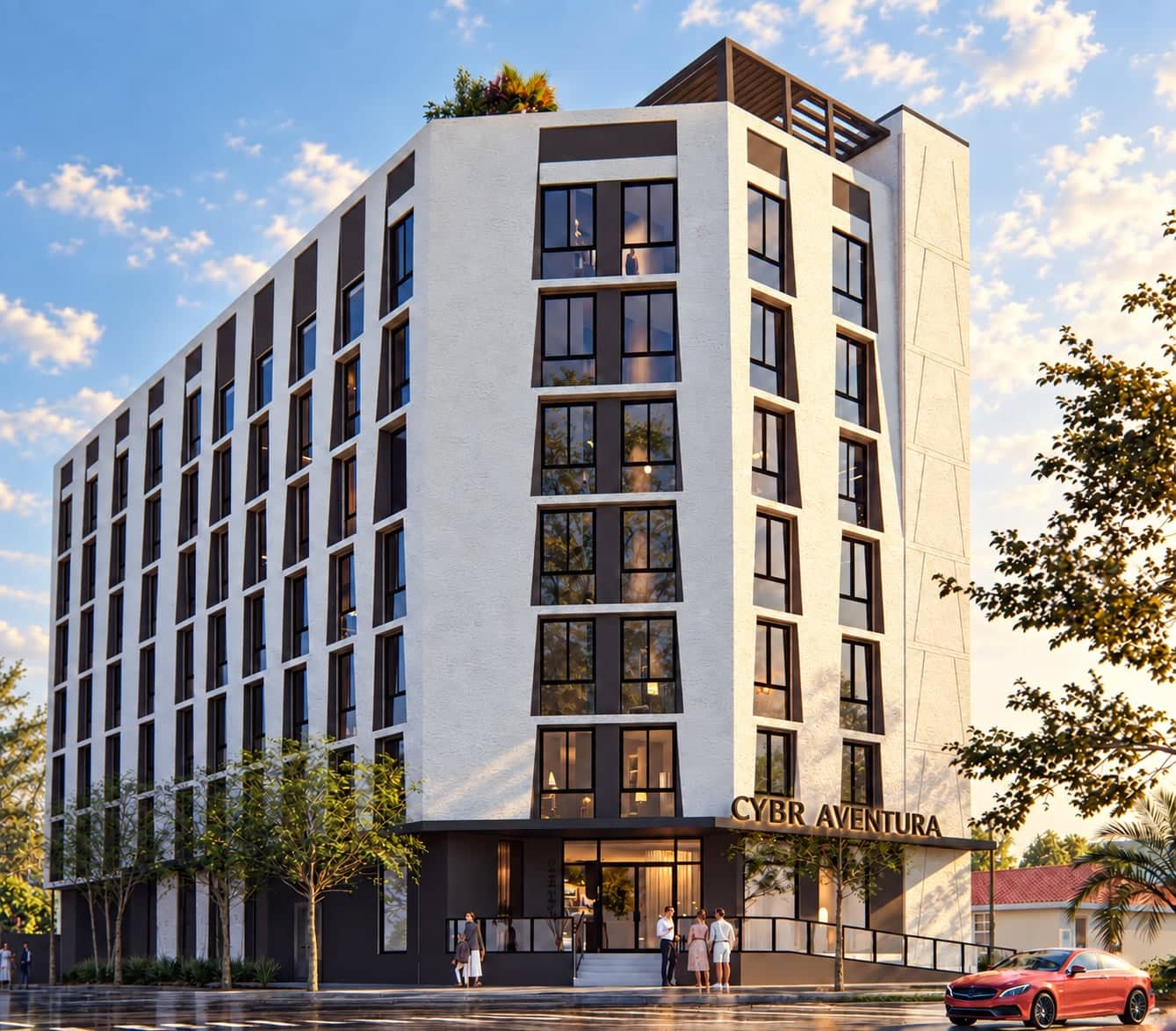 The full 7-storey massing in daylight, white textured facade with trapezoid window reveals.