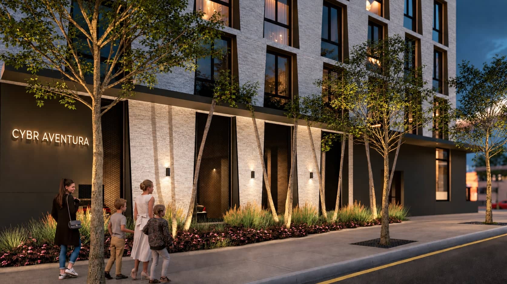The street frontage at dusk: a planted verge, uplit trees and wall lights along the ground floor, the CYBR Aventura sign, and a family on the pavement.