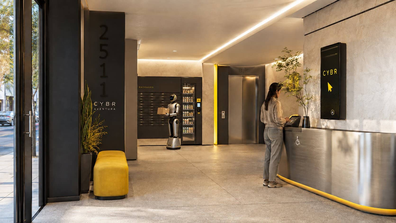 The level-one lobby, with the concierge dock, package lockers and cold-storage delivery wall.