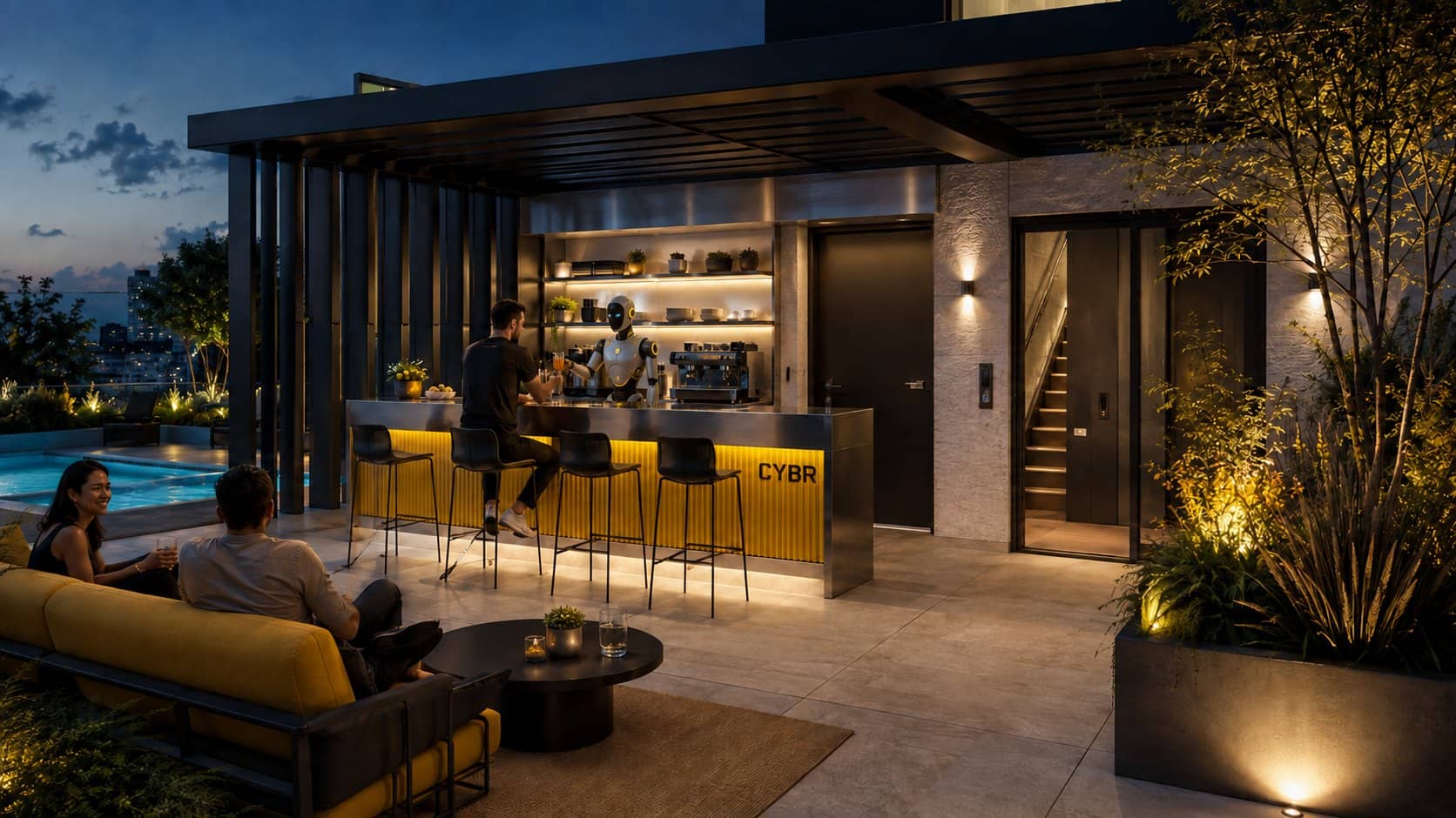 The roof-level social terrace at night, with a bar and a fire table.