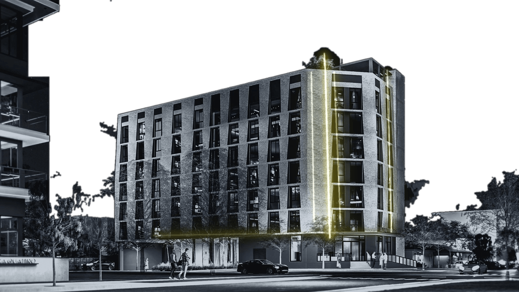 The corner of the 7-storey building at night, light lines tracing the facade.